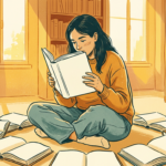 estudante sentada no chão de biblioteca rodeada de livros abertos, luz quente entrando pela janela (português para o ENEM)