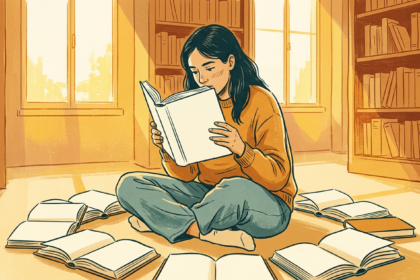estudante sentada no chão de biblioteca rodeada de livros abertos, luz quente entrando pela janela (português para o ENEM)