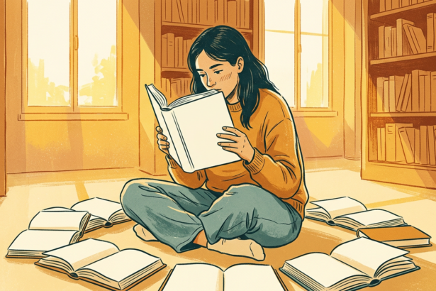 estudante sentada no chão de biblioteca rodeada de livros abertos, luz quente entrando pela janela (português para o ENEM)