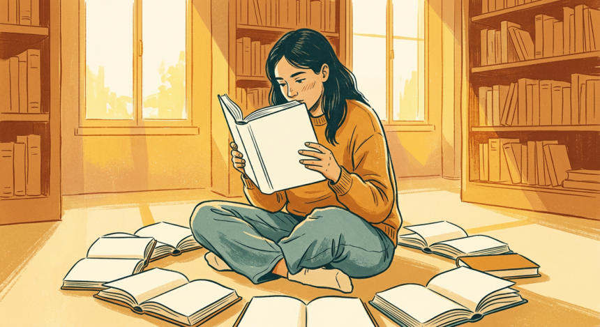 estudante sentada no chão de biblioteca rodeada de livros abertos, luz quente entrando pela janela (português para o ENEM)