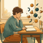 estudante observando caderno aberto com formas geométricas abstratas flutuando sobre a mesa em sala iluminada (matemática no Enem estratégias)