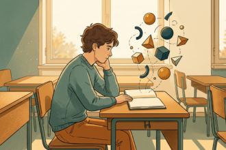 estudante observando caderno aberto com formas geométricas abstratas flutuando sobre a mesa em sala iluminada (matemática no Enem estratégias)
