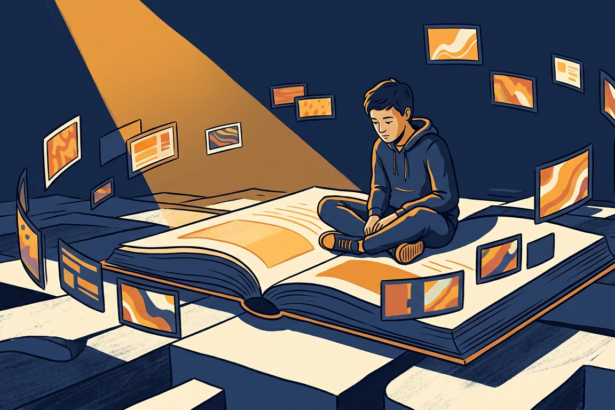 jovem estudante sentado sobre livro aberto com telas coloridas ao redor e foco de luz destacando a leitura (como manter o foco nos estudos)