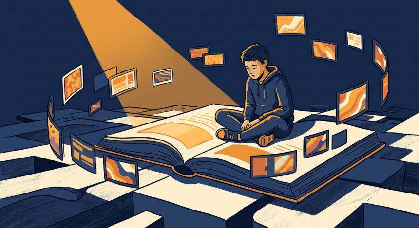 jovem estudante sentado sobre livro aberto com telas coloridas ao redor e foco de luz destacando a leitura (como manter o foco nos estudos)