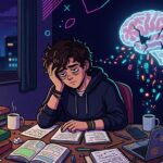 Ilustração de um rapaz de cabelos cacheados sentado em uma mesa de estudos sob a luz de um abajur. Ele parece muito cansado, apoiando a cabeça na mão. À sua direita, a ilustração de um cérebro humano feito de luz neon azul está "rachando", com pequenos pedaços coloridos e símbolos caindo dele, simbolizando a perda de foco ou esgotamento. A mesa está caótica, com pilhas de livros, latas de energético, xícaras de café e um laptop cheio de adesivos. Pela janela, vê-se o cenário noturno da cidade.