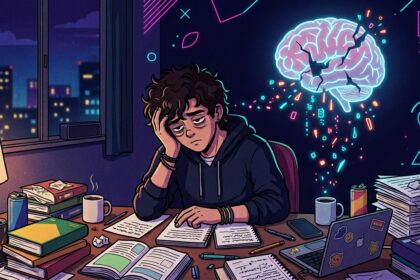 Ilustração de um rapaz de cabelos cacheados sentado em uma mesa de estudos sob a luz de um abajur. Ele parece muito cansado, apoiando a cabeça na mão. À sua direita, a ilustração de um cérebro humano feito de luz neon azul está "rachando", com pequenos pedaços coloridos e símbolos caindo dele, simbolizando a perda de foco ou esgotamento. A mesa está caótica, com pilhas de livros, latas de energético, xícaras de café e um laptop cheio de adesivos. Pela janela, vê-se o cenário noturno da cidade.