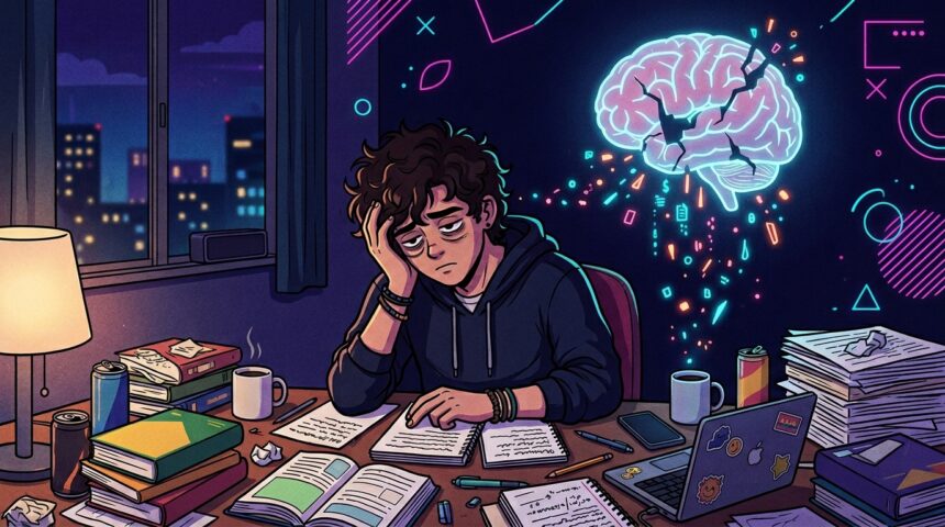Ilustração de um rapaz de cabelos cacheados sentado em uma mesa de estudos sob a luz de um abajur. Ele parece muito cansado, apoiando a cabeça na mão. À sua direita, a ilustração de um cérebro humano feito de luz neon azul está "rachando", com pequenos pedaços coloridos e símbolos caindo dele, simbolizando a perda de foco ou esgotamento. A mesa está caótica, com pilhas de livros, latas de energético, xícaras de café e um laptop cheio de adesivos. Pela janela, vê-se o cenário noturno da cidade.
