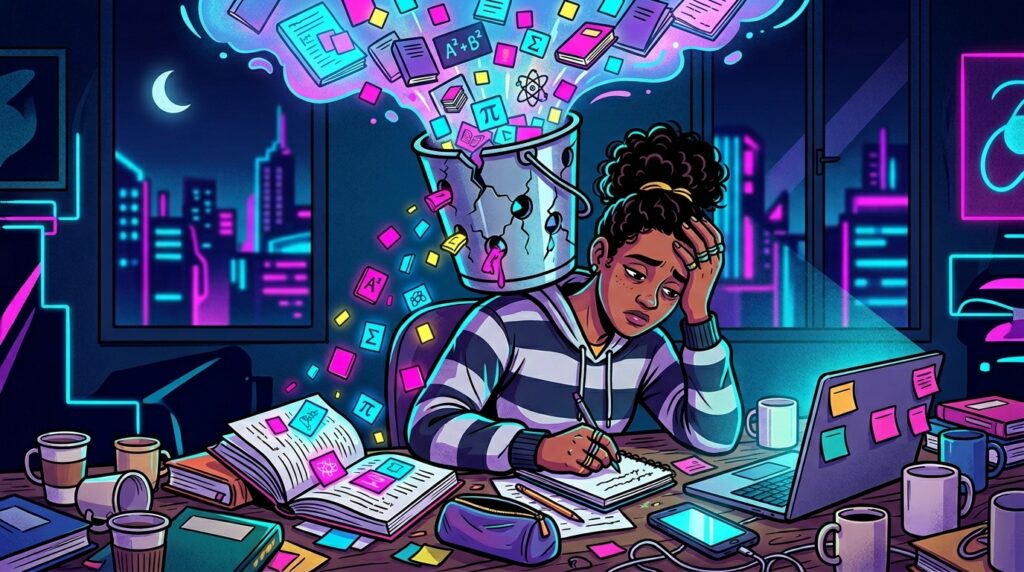 Ilustração vibrante em estilo neon e traços de HQ. Uma jovem negra aparece exausta em sua escrivaninha à noite, com a mão na testa. Sobre sua cabeça, há um balde de metal furado e rachado, de onde transbordam fórmulas matemáticas, livros e símbolos científicos em uma nuvem luminosa, sugerindo sobrecarga mental. A mesa está repleta de xícaras de café, livros abertos com post-its e um laptop. Ao fundo, pela janela, vê-se a silhueta de uma cidade iluminada em tons de azul e rosa.