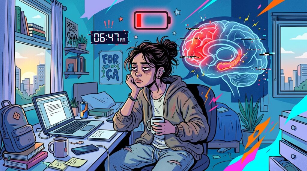 Ilustração de uma jovem com olheiras profundas sentada em seu quarto bagunçado. Ela segura uma xícara de café com um olhar desanimado. Acima dela, um ícone de bateria vermelha descarregada brilha intensamente. Ao seu lado, uma representação gráfica de um cérebro humano está acesa com cores quentes e faíscas, indicando atividade intensa ou estresse. Um relógio digital ao fundo marca "06:47 AM", e a luz do amanhecer começa a entrar pela janela, contrastando com a luz azulada do monitor do laptop sobre a mesa.
