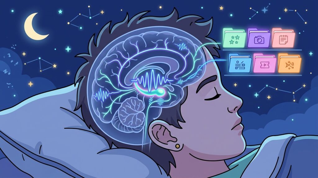 Ilustração serena mostrando o perfil de um jovem dormindo tranquilamente em um travesseiro, sob um céu noturno estrelado com uma lua crescente. Uma sobreposição transparente mostra o interior de seu cérebro com conexões neurais brilhantes em azul e verde. Do cérebro, saem linhas de luz que se conectam a seis pastas coloridas flutuantes com ícones de estrela, câmera e notas, representando o processo de consolidação da memória e organização de informações durante o sono.