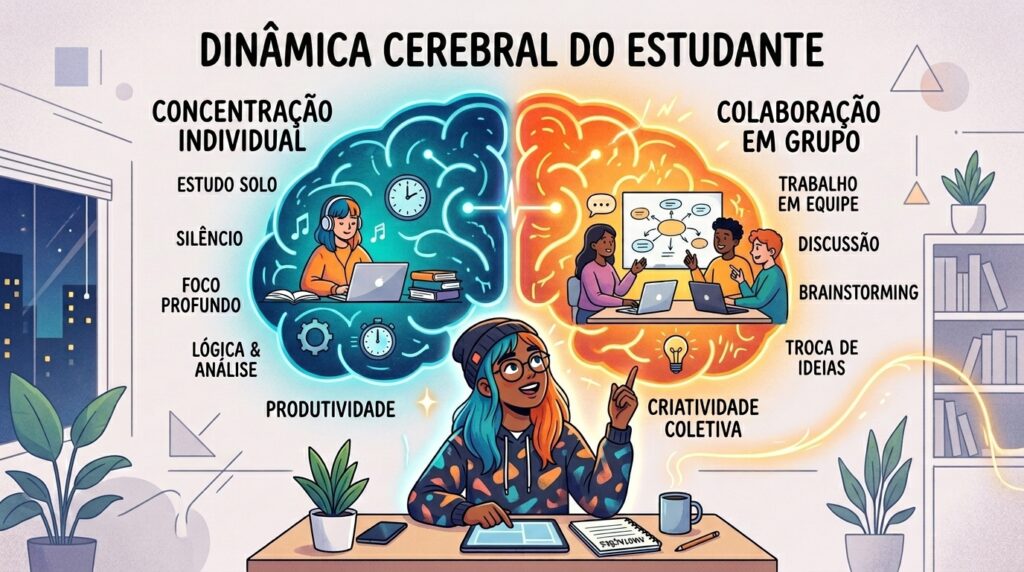 Infográfico colorido intitulado "DINÂMICA CEREBRAL DO ESTUDANTE". Ao centro, uma jovem estudante de óculos e gorro aponta para cima, pensativa. Atrás dela, a ilustração de um cérebro é dividida em dois lados coloridos. O lado esquerdo, em tons de azul, foca na "CONCENTRAÇÃO INDIVIDUAL" e traz palavras-chave como estudo solo, silêncio, foco profundo, lógica & análise e produtividade, ilustrado por uma jovem de fones de ouvido usando um notebook. O lado direito, em tons de laranja, foca na "COLABORAÇÃO EM GRUPO" com conceitos como trabalho em equipe, discussão, brainstorming, troca de ideias e criatividade coletiva, ilustrado por três estudantes reunidos debatendo ideias em torno de uma mesa.