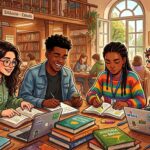 Ilustração em estilo cartoon de quatro estudantes universitários sorridentes e diversos reunidos em torno de uma mesa de madeira em uma biblioteca pública ou universitária. Há livros didáticos abertos empilhados sobre a mesa com títulos como "História do Brasil", "Geografia do Sul" e "Química", além de notebooks adesivados (um deles com o logo da UFRGS), estojos, cadernos e duas cuias de chimarrão. Os jovens vestem moletons casuais (um deles com a estampa IFSUL). Ao fundo, vê-se as estantes cheias de livros, uma placa indicando "Silêncio - Estudo" e grandes janelas em arco que mostram o prédio principal do campus com a inscrição "UFRGS".