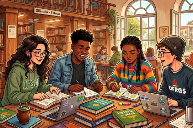 Ilustração em estilo cartoon de quatro estudantes universitários sorridentes e diversos reunidos em torno de uma mesa de madeira em uma biblioteca pública ou universitária. Há livros didáticos abertos empilhados sobre a mesa com títulos como "História do Brasil", "Geografia do Sul" e "Química", além de notebooks adesivados (um deles com o logo da UFRGS), estojos, cadernos e duas cuias de chimarrão. Os jovens vestem moletons casuais (um deles com a estampa IFSUL). Ao fundo, vê-se as estantes cheias de livros, uma placa indicando "Silêncio - Estudo" e grandes janelas em arco que mostram o prédio principal do campus com a inscrição "UFRGS".