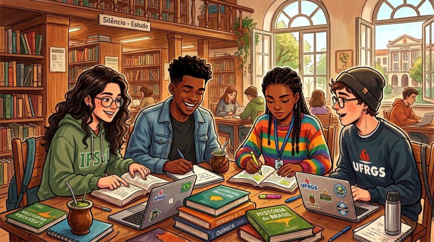 Ilustração em estilo cartoon de quatro estudantes universitários sorridentes e diversos reunidos em torno de uma mesa de madeira em uma biblioteca pública ou universitária. Há livros didáticos abertos empilhados sobre a mesa com títulos como "História do Brasil", "Geografia do Sul" e "Química", além de notebooks adesivados (um deles com o logo da UFRGS), estojos, cadernos e duas cuias de chimarrão. Os jovens vestem moletons casuais (um deles com a estampa IFSUL). Ao fundo, vê-se as estantes cheias de livros, uma placa indicando "Silêncio - Estudo" e grandes janelas em arco que mostram o prédio principal do campus com a inscrição "UFRGS".