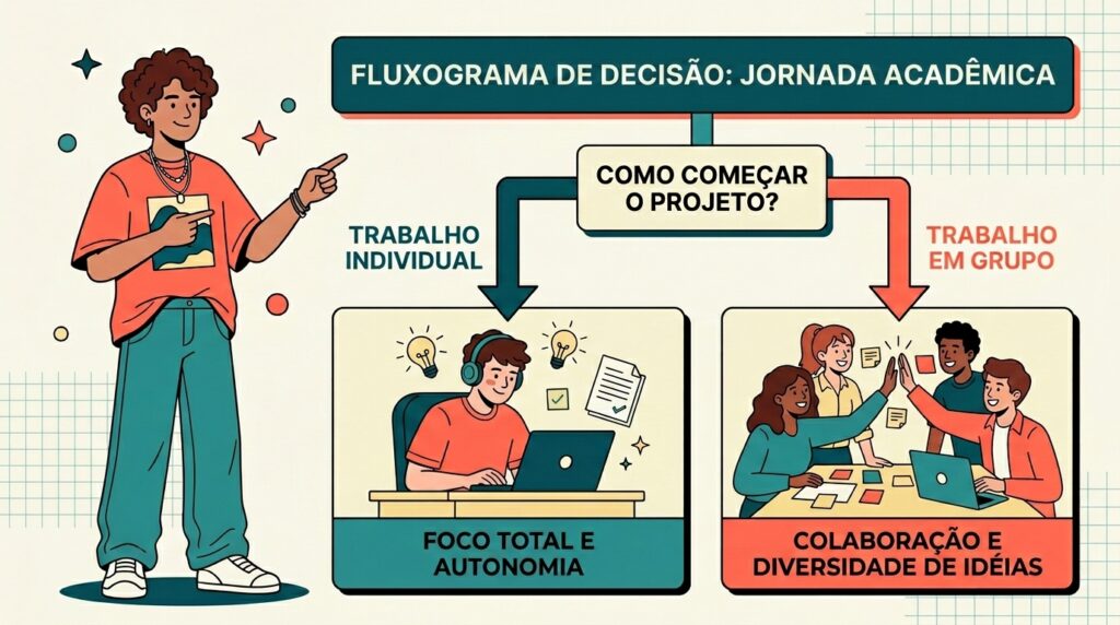 Infográfico em estilo cartoon intitulado "FLUXOGRAMA DE DECISÃO: JORNADA ACADÊMICA". À esquerda, um jovem de camiseta laranja e calça verde aponta para as opções do fluxo. A pergunta central é "COMO COMEÇAR O PROJETO?". O fluxo se divide em duas setas: a esquerda, azul, indica "TRABALHO INDIVIDUAL" e aponta para um quadro ilustrando um jovem concentrado no notebook com fones de ouvido sob a legenda "FOCO TOTAL E AUTONOMIA". A seta da direita, vermelha, indica "TRABALHO EM GRUPO" e aponta para quatro jovens sorridentes celebrando com um "high five" em uma mesa de trabalho sob a legenda "COLABORAÇÃO E DIVERSIDADE DE IDEIAS".