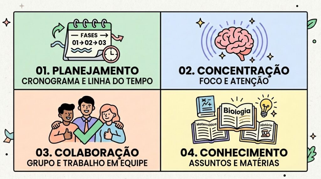 Infográfico limpo dividido em quatro quadrantes coloridos em tons pastel, numerados de 1 a 4. O quadrante 1 (verde-claro) mostra um ícone de calendário com relógio e o texto "01. PLANEJAMENTO - CRONOGRAMA E LINHA DO TEMPO". O quadrante 2 (azul-claro) exibe a ilustração de um cérebro emitindo ondas de energia com o texto "02. CONCENTRAÇÃO - FOCO E ATENÇÃO". O quadrante 3 (laranja-claro) apresenta o desenho de três pessoas sorridentes abraçadas e um sinal de visto (check) verde, acompanhado do texto "03. COLABORAÇÃO - GRUPO E TRABALHO EM EQUIPE". O quadrante 4 (amarelo-claro) traz livros abertos de Matemática, Biologia e História com uma lâmpada acesa flutuando, sob o texto "04. CONHECIMENTO - ASSUNTOS E MATÉRIAS".