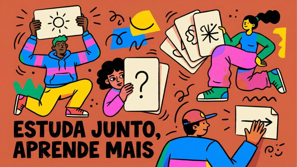 Uma ilustração colorida e descontraída em fundo laranja, mostrando quatro personagens interagindo de forma dinâmica com grandes cartões de estudo (flashcards). À esquerda, um jovem de cabelo verde segura um cartão com o desenho de um sol acima da cabeça. No centro, uma jovem de cabelo cacheado espia por trás de um cartão que tem um grande ponto de interrogação. À direita, outra jovem está sentada no ar perto de uma pilha de cartões com símbolos abstratos desenhados. Na parte inferior direita, um rapaz de boné desenha uma seta em um cartão. O fundo é decorado com rabiscos, formas geométricas e linhas soltas. No canto inferior esquerdo, o texto em letras grandes e pretas diz: "ESTUDA JUNTO, APRENDE MAIS".