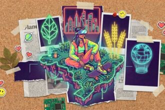Uma colagem digital sobre um quadro de cortiça. No centro, sobre recortes de jornal rasgado, há uma ilustração vibrante de uma jovem usando óculos de realidade virtual. Ela está sentada de pernas cruzadas sobre uma plataforma flutuante com o formato do mapa do Brasil, que é desenhado com linhas de circuito eletrônico e plantas em neon verde, com um skate repousando ao lado. Ao redor dela, há quatro fotos estilo polaroid presas com fita adesiva, exibindo desenhos em neon: uma folha verde, prédios de uma cidade rosa, espigas de trigo amarelas e um globo terrestre azul. A colagem é finalizada com pedaços de placas de circuito impresso, folhas secas reais e pequenos adesivos de corações, rostos sorridentes e alienígenas.
