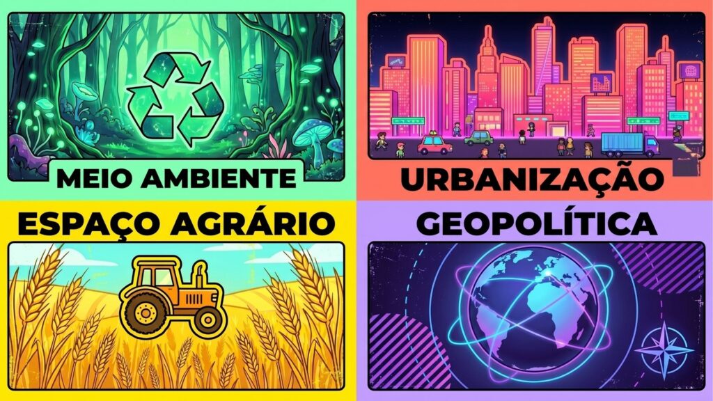 Uma imagem gráfica dividida em quatro quadrantes coloridos, cada um representando um tema da geografia com texto e ilustração. No canto superior esquerdo, com fundo verde, lê-se "MEIO AMBIENTE" abaixo da ilustração de uma floresta mística e brilhante com um grande símbolo de reciclagem no centro. No canto superior direito, com fundo salmão, lê-se "URBANIZAÇÃO" abaixo de uma cidade em estilo pixel art iluminada em tons de neon rosa e laranja, com carros e pedestres. No canto inferior esquerdo, com fundo amarelo, lê-se "ESPAÇO AGRÁRIO" acima do desenho de um trator amarelo colhendo em um campo de trigo. No canto inferior direito, com fundo roxo, lê-se "GEOPOLÍTICA" acima de um globo terrestre azul brilhante cercado por linhas orbitais e uma rosa dos ventos.