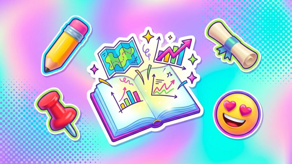 Uma ilustração vibrante sobre um fundo com gradiente holográfico em tons pastéis de rosa, roxo e azul, texturizado com pontos de retícula estilo pop art. Flutuando na imagem há vários desenhos em formato de adesivos gordinhos com bordas brancas. O adesivo central e maior mostra um livro aberto brilhante de onde saltam faíscas, um mapa dobrado, e gráficos coloridos de barras e linhas apontando para cima. Ao redor do livro, flutuam outros quatro adesivos: um lápis amarelo com borracha rosa (em cima à esquerda), um alfinete de mural vermelho (embaixo à esquerda), um diploma enrolado com um laço azul (em cima à direita) e um emoji sorridente com corações nos olhos (embaixo à direita).