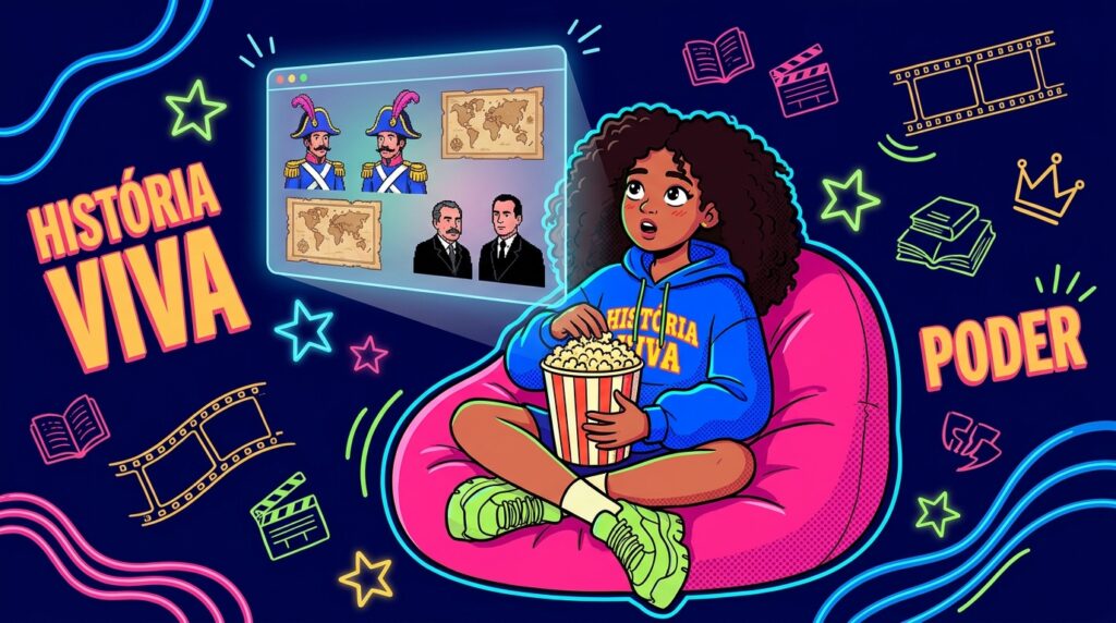 Uma ilustração de uma jovem negra com cabelo crespo sentada de pernas cruzadas em um pufe rosa. Ela usa um moletom azul escrito "HISTÓRIA VIVA" e tênis verdes, enquanto come pipoca de um balde listrado de vermelho e branco. Ela olha maravilhada para uma tela digital flutuante que exibe figuras históricas militares, um mapa-múndi antigo e dois homens de terno. O fundo é azul escuro e decorado com desenhos em neon brilhante, incluindo os textos "HISTÓRIA VIVA" e "PODER", além de ícones de estrelas, livros, uma claquete, uma coroa e uma fita de filme.