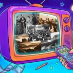 Uma ilustração no estilo pop art mostrando uma televisão retrô com carcaça rosa e laranja. Uma mão com unhas pintadas de verde segura um controle remoto roxo, apontando para a TV. Na tela, há uma colagem de fotografias históricas em preto e branco, incluindo figuras com roupas do século XIX, uma multidão em um protesto com faixas e paisagens naturais. O fundo é um gradiente roxo e azul, decorado com bandeiras do Brasil, estrelas, luas, lápis, um bloco de notas e uma fita de filme.