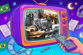 Uma ilustração no estilo pop art mostrando uma televisão retrô com carcaça rosa e laranja. Uma mão com unhas pintadas de verde segura um controle remoto roxo, apontando para a TV. Na tela, há uma colagem de fotografias históricas em preto e branco, incluindo figuras com roupas do século XIX, uma multidão em um protesto com faixas e paisagens naturais. O fundo é um gradiente roxo e azul, decorado com bandeiras do Brasil, estrelas, luas, lápis, um bloco de notas e uma fita de filme.