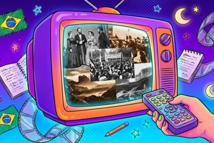 Uma ilustração no estilo pop art mostrando uma televisão retrô com carcaça rosa e laranja. Uma mão com unhas pintadas de verde segura um controle remoto roxo, apontando para a TV. Na tela, há uma colagem de fotografias históricas em preto e branco, incluindo figuras com roupas do século XIX, uma multidão em um protesto com faixas e paisagens naturais. O fundo é um gradiente roxo e azul, decorado com bandeiras do Brasil, estrelas, luas, lápis, um bloco de notas e uma fita de filme.
