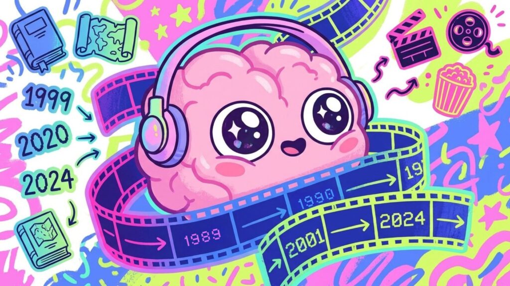 Uma ilustração vibrante e colorida de um cérebro rosa estilo cartoon com olhos grandes e brilhantes e um sorriso fofo. O cérebro usa fones de ouvido e está envolvido por uma fita de cinema que exibe uma linha do tempo com os anos 1989, 1990, 2001 e 2024. O fundo é cheio de formas abstratas em cores neon (rosa, amarelo, azul, verde) e ícones como um livro, um mapa, uma claquete, um balde de pipoca e um rolo de filme.