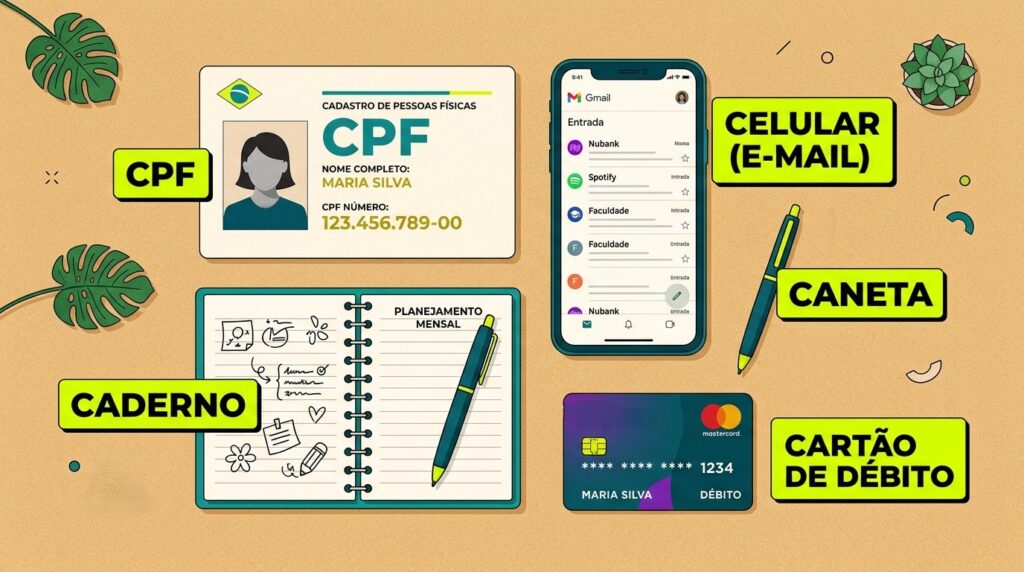 Uma ilustração em estilo flat lay sobre um fundo areia apresenta os itens essenciais para o cadastro organizados com etiquetas explicativas em verde-limão. No topo esquerdo, há um cartão de "CPF" em nome de Maria Silva; ao lado, um "CELULAR (E-MAIL)" exibe a caixa de entrada do Gmail em um smartphone. Na parte inferior, veem-se um "CADERNO" aberto de planejamento com uma caneta, um "CARTÃO DE DÉBITO" da bandeira Mastercard e uma "CANETA" verde e amarela avulsa. O cenário é decorado sutilmente com folhas de costela-de-adão e uma suculenta nas bordas.