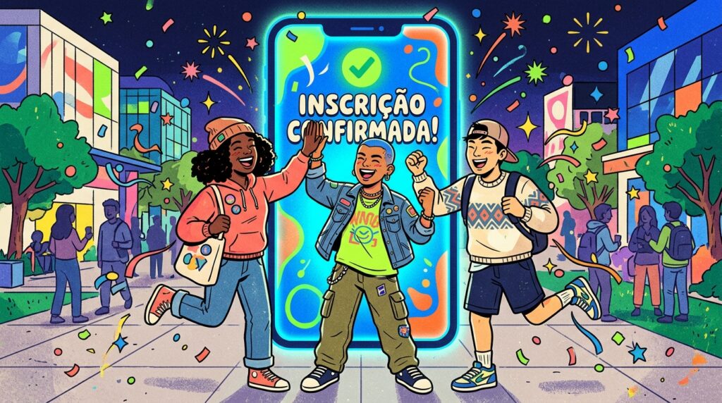Ilustração festiva em estilo cartoon mostrando três jovens de estilos diversos comemorando alegremente, pulando e batendo as mãos na frente de uma enorme tela de celular. O smartphone exibe em destaque a mensagem "INSCRIÇÃO CONFIRMADA!" acompanhada de um símbolo de visto verde. O cenário de fundo se passa em uma rua à noite, iluminada por fogos de artifício coloridos, estrelas e confetes que voam pelo ar, transmitindo uma atmosfera de alívio e conquista.