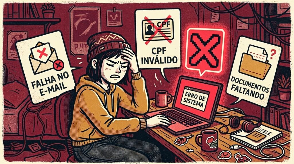 Uma ilustração expressiva em tons avermelhados de uma jovem de touca e moletom amarelo sentada em sua escrivaninha, segurando a cabeça com uma expressão de estresse e frustração. À sua frente, a tela do notebook exibe um aviso de "ERRO DE SISTEMA" sob um grande "X" pixelado em vermelho. Ao redor da personagem, três balões de diálogo apontam problemas comuns de cadastro: "FALHA NO E-MAIL" com um envelope marcado, "CPF INVÁLIDO" com um documento riscado e "DOCUMENTOS FALTANDO" ao lado de uma pasta com interrogação.
