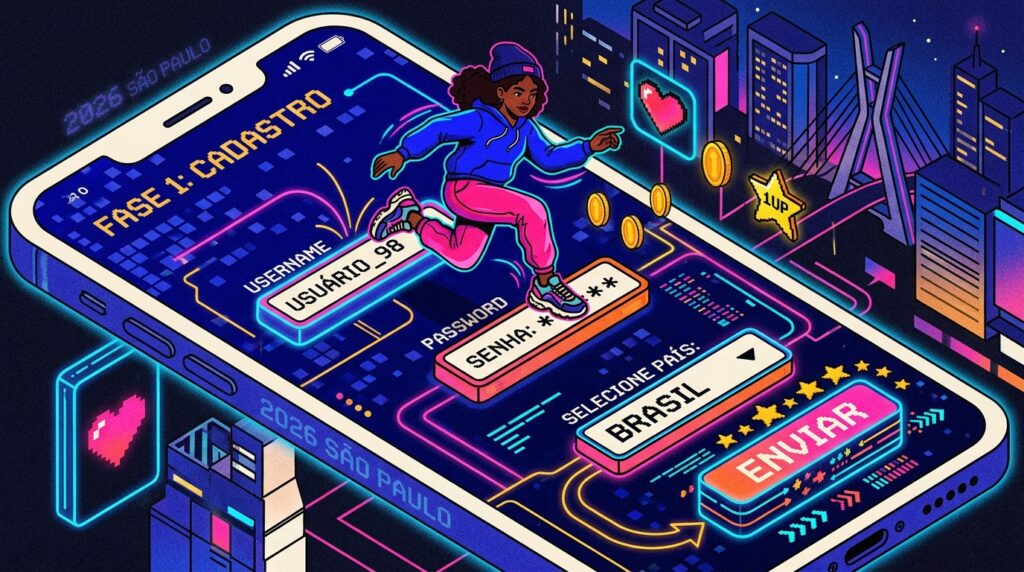 Ilustração estilizada em estética cyberpunk e pixel art que simula um jogo de videogame em uma grande tela de celular inclinada. Uma personagem de moletom azul e calça rosa aparece correndo pelas plataformas do menu como se estivesse avançando de fase, cercada por moedas douradas, corações e uma estrela de bônus "1UP". A interface da tela simula as etapas de preenchimento de dados com as inscrições "FASE 1: CADASTRO", campos de "USERNAME" preenchido como "USUÁRIO_98", "PASSWORD", seleção de país como "BRASIL" e um grande botão "ENVIAR". Ao fundo, reluz a silhueta noturna da cidade de São Paulo em neon, destacando a Ponte Estaiada e o texto "2026 SÃO PAULO".