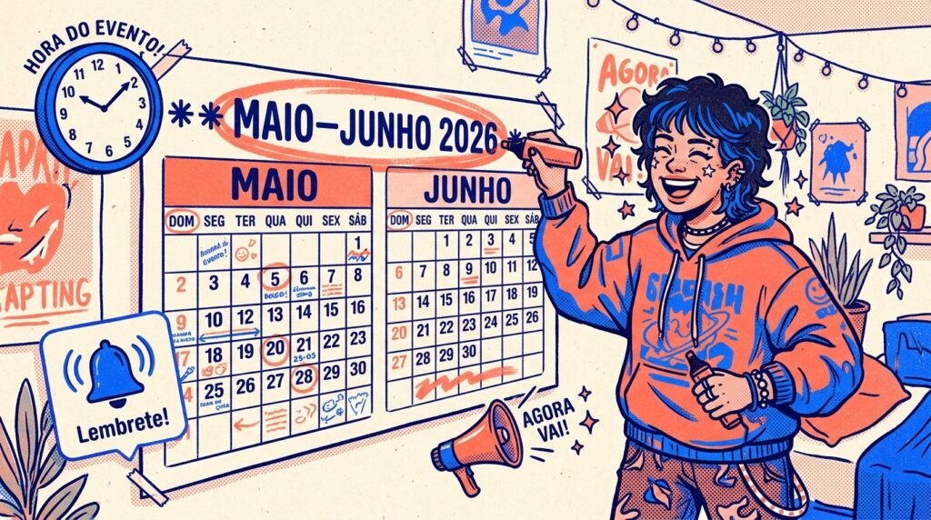Ilustração em estilo de história em quadrinhos na qual uma pessoa jovem e sorridente, com cabelo azul curto e moletom laranja, usa um pincel atômico para marcar datas em um grande calendário de parede intitulado "MAIO–JUNHO 2026". Vários dias do mês de maio estão destacados com círculos vermelhos e anotações. A composição visual é complementada por elementos de alerta em tons de azul e laranja, incluindo um relógio que indica "HORA DO EVENTO!", um megafone que exclama "AGORA VAI!" e um balão de notificação com um sino escrito "Lembrete!", reforçando a importância de não perder os prazos.