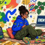 Uma ilustração colorida e lúdica mostrando uma jovem de óculos e moletom azul com a bandeira do Brasil e a sigla "SP" sentada de pernas cruzadas sobre um tapete estampado em seu quarto. Ela segura um caderno e uma caneta enquanto olha focada para a tela flutuante de um notebook que exibe o texto "ENEM 2026". O ambiente ao redor é repleto de vida e criatividade, cercado por uma parede com formas abstratas multicoloridas, uma mochila com broches de "ENEM" e "LUTA", vasos de plantas, uma pilha de livros e uma caneca de café no chão.