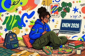 Uma ilustração colorida e lúdica mostrando uma jovem de óculos e moletom azul com a bandeira do Brasil e a sigla "SP" sentada de pernas cruzadas sobre um tapete estampado em seu quarto. Ela segura um caderno e uma caneta enquanto olha focada para a tela flutuante de um notebook que exibe o texto "ENEM 2026". O ambiente ao redor é repleto de vida e criatividade, cercado por uma parede com formas abstratas multicoloridas, uma mochila com broches de "ENEM" e "LUTA", vasos de plantas, uma pilha de livros e uma caneca de café no chão.