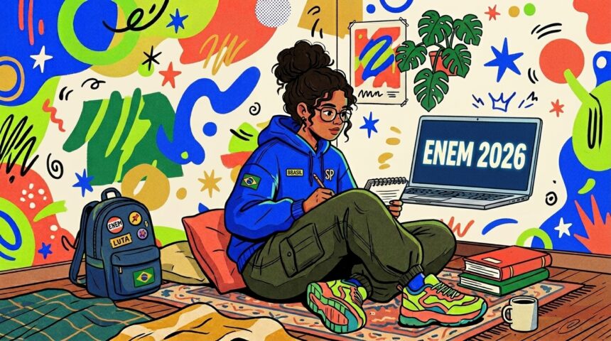 Uma ilustração colorida e lúdica mostrando uma jovem de óculos e moletom azul com a bandeira do Brasil e a sigla "SP" sentada de pernas cruzadas sobre um tapete estampado em seu quarto. Ela segura um caderno e uma caneta enquanto olha focada para a tela flutuante de um notebook que exibe o texto "ENEM 2026". O ambiente ao redor é repleto de vida e criatividade, cercado por uma parede com formas abstratas multicoloridas, uma mochila com broches de "ENEM" e "LUTA", vasos de plantas, uma pilha de livros e uma caneca de café no chão.