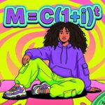 Ilustração com estética psicodélica e fundo em espiral nas cores rosa, amarelo e verde limão. No centro, uma jovem negra de cabelos cacheados volumosos está sentada no chão, relaxada, usando um moletom roxo, calça cargo verde neon e tênis esportivos grossos. Acima da cabeça dela, flutua a fórmula matemática de juros compostos em letras neon brilhantes: $M=C(1+i)^t$. Ao redor da jovem, flutuam várias moedas grandes e coloridas (verdes, vermelhas e azuis) com o símbolo de cifrão ($), além de pequenas formas geométricas tridimensionais.