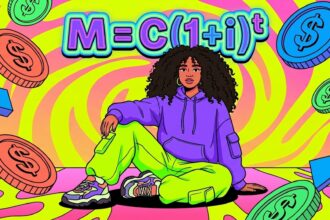 Ilustração com estética psicodélica e fundo em espiral nas cores rosa, amarelo e verde limão. No centro, uma jovem negra de cabelos cacheados volumosos está sentada no chão, relaxada, usando um moletom roxo, calça cargo verde neon e tênis esportivos grossos. Acima da cabeça dela, flutua a fórmula matemática de juros compostos em letras neon brilhantes: $M=C(1+i)^t$. Ao redor da jovem, flutuam várias moedas grandes e coloridas (verdes, vermelhas e azuis) com o símbolo de cifrão ($), além de pequenas formas geométricas tridimensionais.