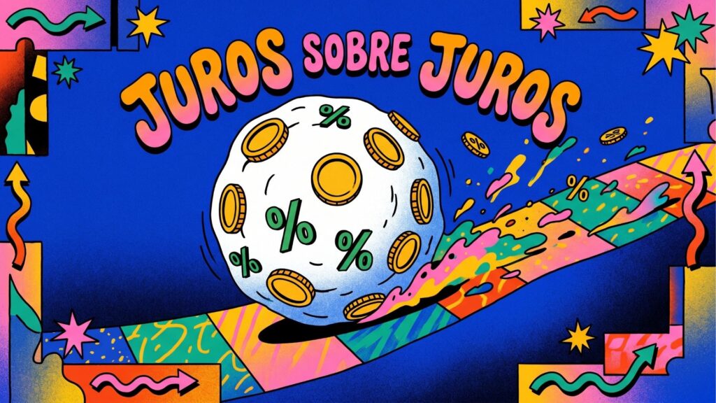 Ilustração colorida e lúdica com fundo azul vibrante. No topo, o texto "JUROS SOBRE JUROS" aparece em letras grandes, arredondadas e com gradiente laranja e rosa. No centro, uma grande bola de neve rola rapidamente para baixo em uma rampa feita de blocos coloridos. A bola de neve tem várias moedas douradas e símbolos de porcentagem verdes (%) grudados nela, deixando um rastro de respingos de cores vibrantes por onde passa. Os cantos da imagem são decorados com molduras geométricas abstratas, estrelas e setas coloridas em tons de verde, amarelo e rosa.