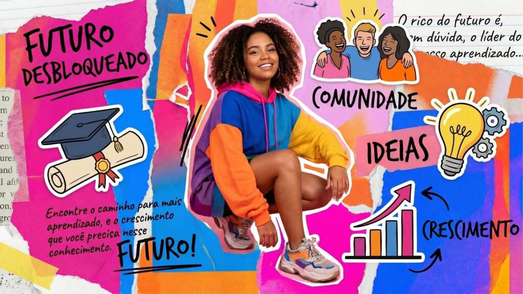 Colagem digital vibrante com fundo de papéis rasgados em cores fortes, como rosa, azul, laranja e amarelo. No centro, uma jovem negra sorridente de cabelos cacheados, vestindo um moletom "color block" (azul, laranja, rosa e amarelo) e tênis esportivos, está agachada. Ao redor dela, há vários recortes de texto e adesivos ilustrados: no canto superior esquerdo, lê-se "FUTURO DESBLOQUEADO"; abaixo, há o desenho de um capelo e diploma com o texto "Encontre o caminho para mais aprendizado, e o crescimento que você precisa nesse FUTURO!". Do lado direito, há um adesivo de três jovens abraçados com a palavra "COMUNIDADE", seguido pela palavra "IDEIAS" ao lado de uma lâmpada com engrenagens, e um gráfico de barras crescente com uma seta indicando a palavra "CRESCIMENTO".