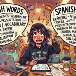 Uma ilustração colorida de uma estudante com expressão de pânico, sentada a uma mesa de biblioteca abarrotada de livros, papéis, um notebook e copos de café. Ela usa um moletom escrito "OVERWHELMED & STUDYING" e segura a cabeça com uma das mãos. Acima dela, pairam dois grandes balões de pensamento com listas de vocabulário acadêmico. O balão da esquerda contém palavras em inglês, como "EXAMS", "DEADLINES", "VOCABULARY" e "GRAMMAR", acompanhadas de uma bandeira dos EUA. O balão da direita mostra os termos correspondentes em espanhol, como "EXÁMENES", "FECHAS LÍMITE", "VOCABULARIO" e "GRAMÁTICA", junto a uma bandeira da Espanha.