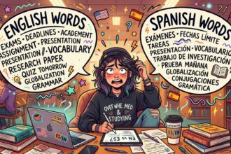 Uma ilustração colorida de uma estudante com expressão de pânico, sentada a uma mesa de biblioteca abarrotada de livros, papéis, um notebook e copos de café. Ela usa um moletom escrito "OVERWHELMED & STUDYING" e segura a cabeça com uma das mãos. Acima dela, pairam dois grandes balões de pensamento com listas de vocabulário acadêmico. O balão da esquerda contém palavras em inglês, como "EXAMS", "DEADLINES", "VOCABULARY" e "GRAMMAR", acompanhadas de uma bandeira dos EUA. O balão da direita mostra os termos correspondentes em espanhol, como "EXÁMENES", "FECHAS LÍMITE", "VOCABULARIO" e "GRAMÁTICA", junto a uma bandeira da Espanha.