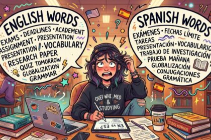 Uma ilustração colorida de uma estudante com expressão de pânico, sentada a uma mesa de biblioteca abarrotada de livros, papéis, um notebook e copos de café. Ela usa um moletom escrito "OVERWHELMED & STUDYING" e segura a cabeça com uma das mãos. Acima dela, pairam dois grandes balões de pensamento com listas de vocabulário acadêmico. O balão da esquerda contém palavras em inglês, como "EXAMS", "DEADLINES", "VOCABULARY" e "GRAMMAR", acompanhadas de uma bandeira dos EUA. O balão da direita mostra os termos correspondentes em espanhol, como "EXÁMENES", "FECHAS LÍMITE", "VOCABULARIO" e "GRAMÁTICA", junto a uma bandeira da Espanha.