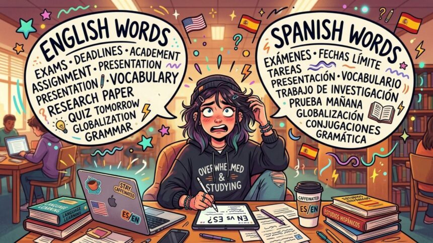 Uma ilustração colorida de uma estudante com expressão de pânico, sentada a uma mesa de biblioteca abarrotada de livros, papéis, um notebook e copos de café. Ela usa um moletom escrito "OVERWHELMED & STUDYING" e segura a cabeça com uma das mãos. Acima dela, pairam dois grandes balões de pensamento com listas de vocabulário acadêmico. O balão da esquerda contém palavras em inglês, como "EXAMS", "DEADLINES", "VOCABULARY" e "GRAMMAR", acompanhadas de uma bandeira dos EUA. O balão da direita mostra os termos correspondentes em espanhol, como "EXÁMENES", "FECHAS LÍMITE", "VOCABULARIO" e "GRAMÁTICA", junto a uma bandeira da Espanha.