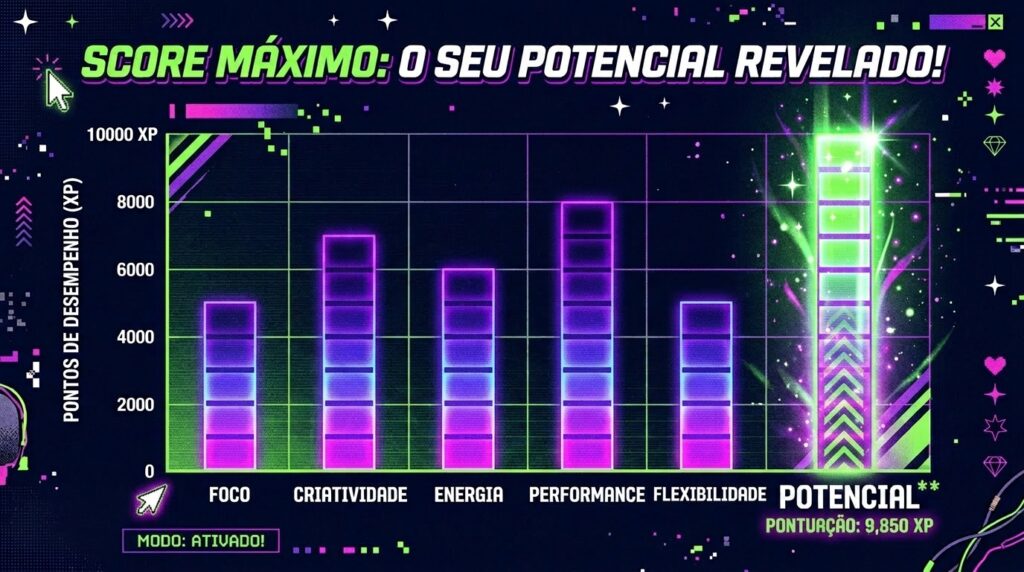 Um gráfico de barras em estilo de videogame retrô ou cyberpunk, com cores neon vibrantes (verde, roxo e rosa) sobre um fundo escuro decorado com elementos em pixel art. O título no topo diz "SCORE MÁXIMO: O SEU POTENCIAL REVELADO!". O eixo vertical mostra "PONTOS DE DESEMPENHO (XP)" indo de 0 a 10000. O eixo horizontal exibe categorias como Foco, Criatividade, Energia, Performance e Flexibilidade, representadas por barras em tons de roxo e azul. A última categoria, "POTENCIAL**", destaca-se com uma barra verde brilhante e setas apontando para cima, atingindo quase o limite máximo com o texto "PONTUAÇÃO: 9,850 XP".