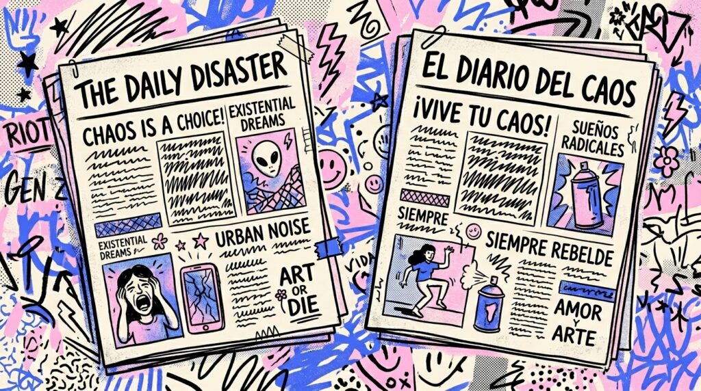 Uma ilustração no estilo zine punk mostrando as primeiras páginas de dois jornais fictícios lado a lado, sobre um fundo caótico de rabiscos, raios e estrelas em tons de rosa, azul, branco e preto. O jornal da esquerda é em inglês, intitulado "THE DAILY DISASTER", com manchetes como "CHAOS IS A CHOICE!" e ilustrações de um alienígena, uma pessoa em pânico e um celular com a tela quebrada. O jornal da direita é em espanhol, "EL DIARIO DEL CAOS", com manchetes como "¡VIVE TU CAOS!" e desenhos de uma lata de spray e uma pessoa grafitando a parede.