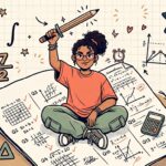 Ilustração empoderadora em estilo cartoon de uma jovem negra de óculos e cabelos cacheados presos em um coque alto, sentada de pernas cruzadas no centro de uma folha de prova gigante cheia de fórmulas e gráficos matemáticos corrigidos com vistos de aprovação. Com uma expressão confiante, ela ergue um lápis com a mão direita como se fosse uma espada de guerreira. O fundo bege é decorado com um mosaico de símbolos matemáticos coloridos flutuando ao redor, incluindo o símbolo de porcentagem (%), frações, gráficos de barras, o símbolo de pi, somatório, raiz quadrada, a inscrição "100%", uma calculadora, corações, estrelas e um pequeno troféu dourado no canto inferior direito.