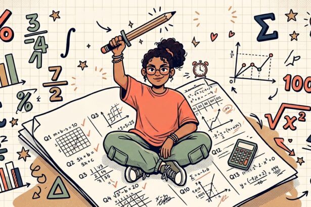 Ilustração empoderadora em estilo cartoon de uma jovem negra de óculos e cabelos cacheados presos em um coque alto, sentada de pernas cruzadas no centro de uma folha de prova gigante cheia de fórmulas e gráficos matemáticos corrigidos com vistos de aprovação. Com uma expressão confiante, ela ergue um lápis com a mão direita como se fosse uma espada de guerreira. O fundo bege é decorado com um mosaico de símbolos matemáticos coloridos flutuando ao redor, incluindo o símbolo de porcentagem (%), frações, gráficos de barras, o símbolo de pi, somatório, raiz quadrada, a inscrição "100%", uma calculadora, corações, estrelas e um pequeno troféu dourado no canto inferior direito.