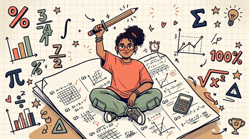 Ilustração empoderadora em estilo cartoon de uma jovem negra de óculos e cabelos cacheados presos em um coque alto, sentada de pernas cruzadas no centro de uma folha de prova gigante cheia de fórmulas e gráficos matemáticos corrigidos com vistos de aprovação. Com uma expressão confiante, ela ergue um lápis com a mão direita como se fosse uma espada de guerreira. O fundo bege é decorado com um mosaico de símbolos matemáticos coloridos flutuando ao redor, incluindo o símbolo de porcentagem (%), frações, gráficos de barras, o símbolo de pi, somatório, raiz quadrada, a inscrição "100%", uma calculadora, corações, estrelas e um pequeno troféu dourado no canto inferior direito.